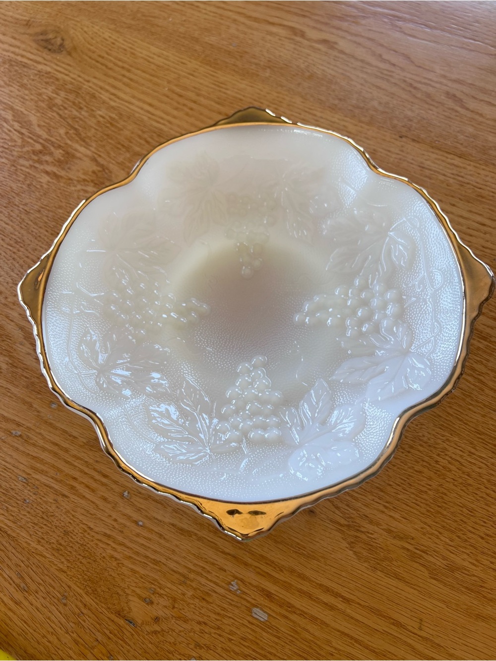Vintage Anchor Hocking Milk Glass
Bowl Grape Motif Gold Rim Footed Base